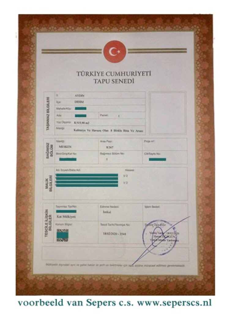 aankoop van een woning in Turkije.
Een Turkse eigendomsbewijs van een woning ziet er in 2025 uit als ons voorbeeld zoals hier weergegeven.